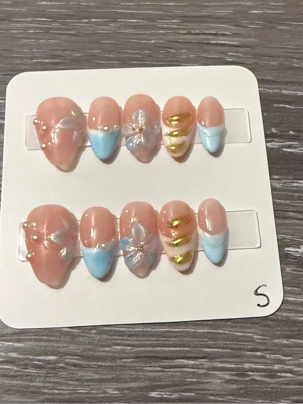 Peach & Baby Blue Floral Accent Press-On Nails with Gold Foil
